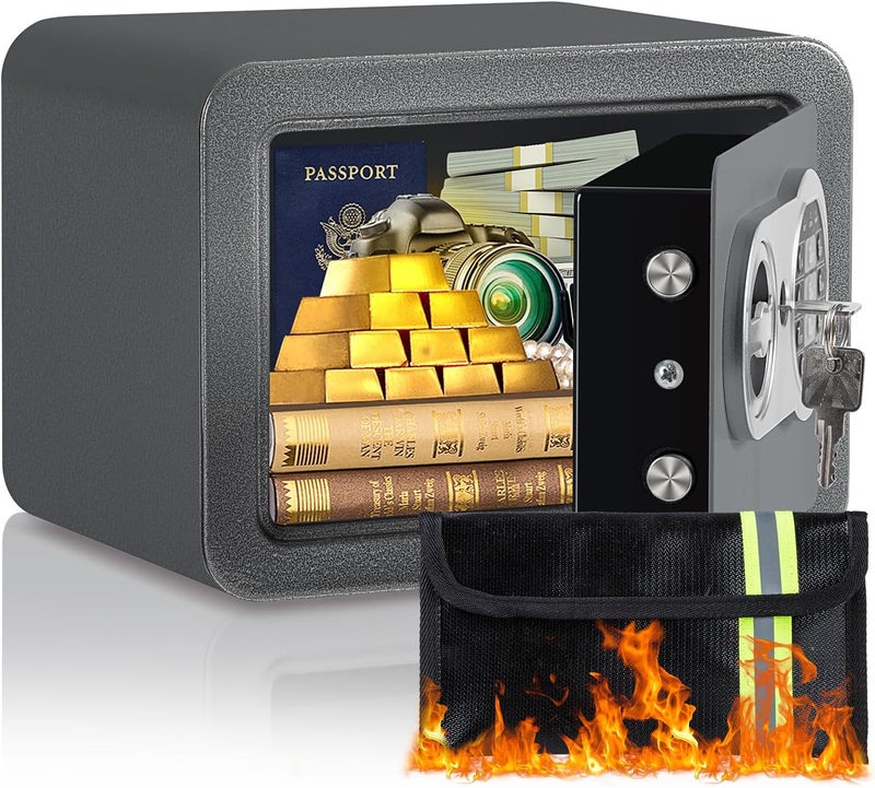 Locksworth 0.23 Cubic Feet Safe Box, Small Safe W/Fireproof Bag, Keys & Pass Code, Digital Electronic Security Money Box for Cash, Document, Home, Office, Hotel Use, Grey, 6.69"D x 9.06"W x 6.69"H - Image 1